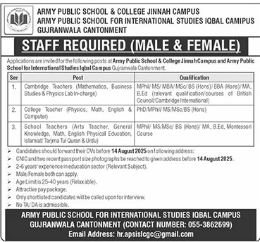 Jobs in Army Public School & College Gujranwala